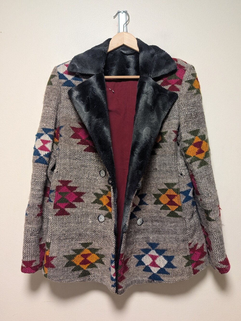 Southwestern Aztec Wool Blend Blazer Jacket Faux Fur Trim
